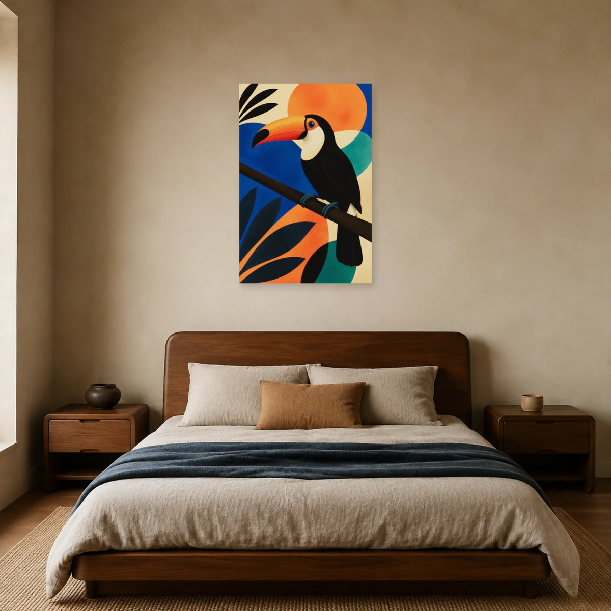 Affiche Toucan moderniste orange et noir dans une chambre - Art Virtuoso
