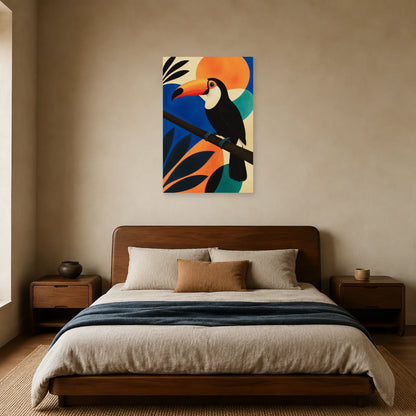 Affiche Toucan moderniste orange et noir dans une chambre - Art Virtuoso