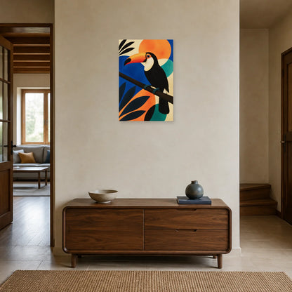 Affiche Toucan moderniste orange et noir dans une entrée ou un couloir - Art Virtuoso