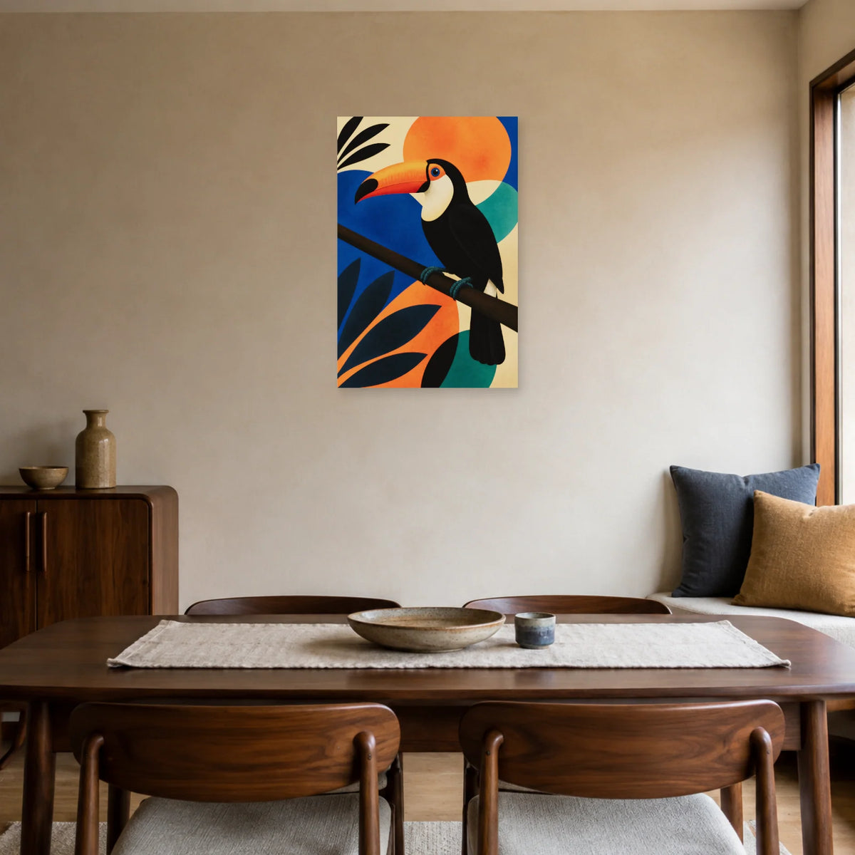 Affiche Toucan moderniste orange et noir dans une salle à manger - Art Virtuoso