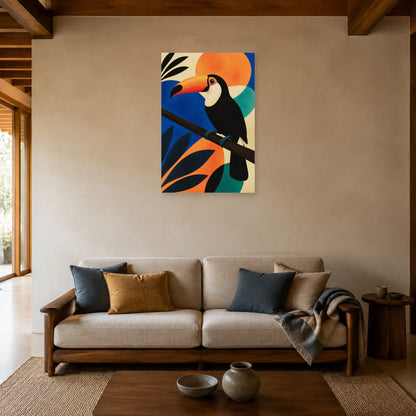 Affiche Toucan moderniste orange et noir dans un salon - Art Virtuoso