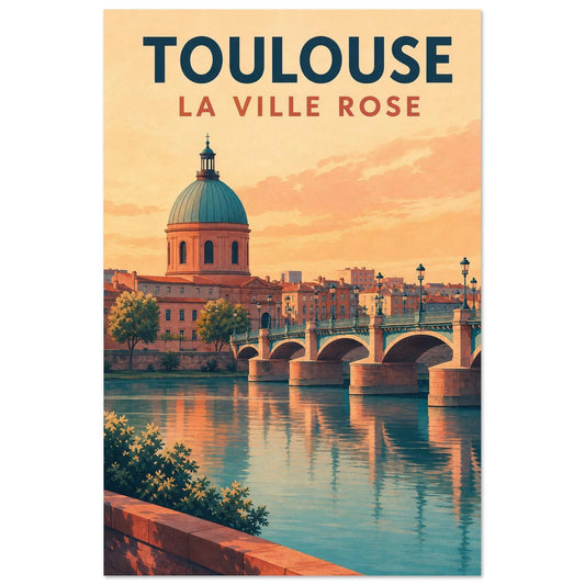 Affiche Toulouse – La Ville Rose, illustration verticale gouache contemporaine, format 30 × 45 cm