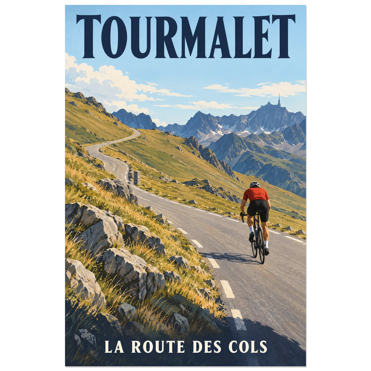 Affiche Tourmalet – Route des cols, illustration peinte / affiche touristique néo-vintage verticale, format 60 × 90 cm