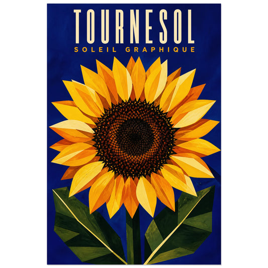Affiche Tournesol – Soleil Graphique, gouache sérigraphique géométrique verticale, format 30 × 45 cm