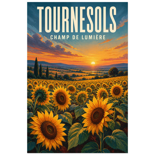Affiche Tournesols – Champ de Lumière, gouache paysagère contemporaine verticale, format 30 × 45 cm