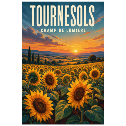 Affiche Tournesols – Champ de Lumière, gouache paysagère contemporaine verticale, format 40 × 60 cm