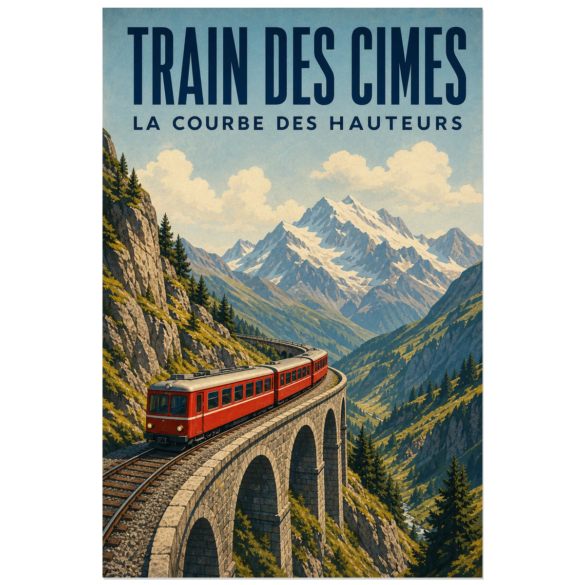 Affiche Train des cimes – La courbe des hauteurs, illustration de voyage alpine rétro détaillée verticale, format 40 × 60 cm