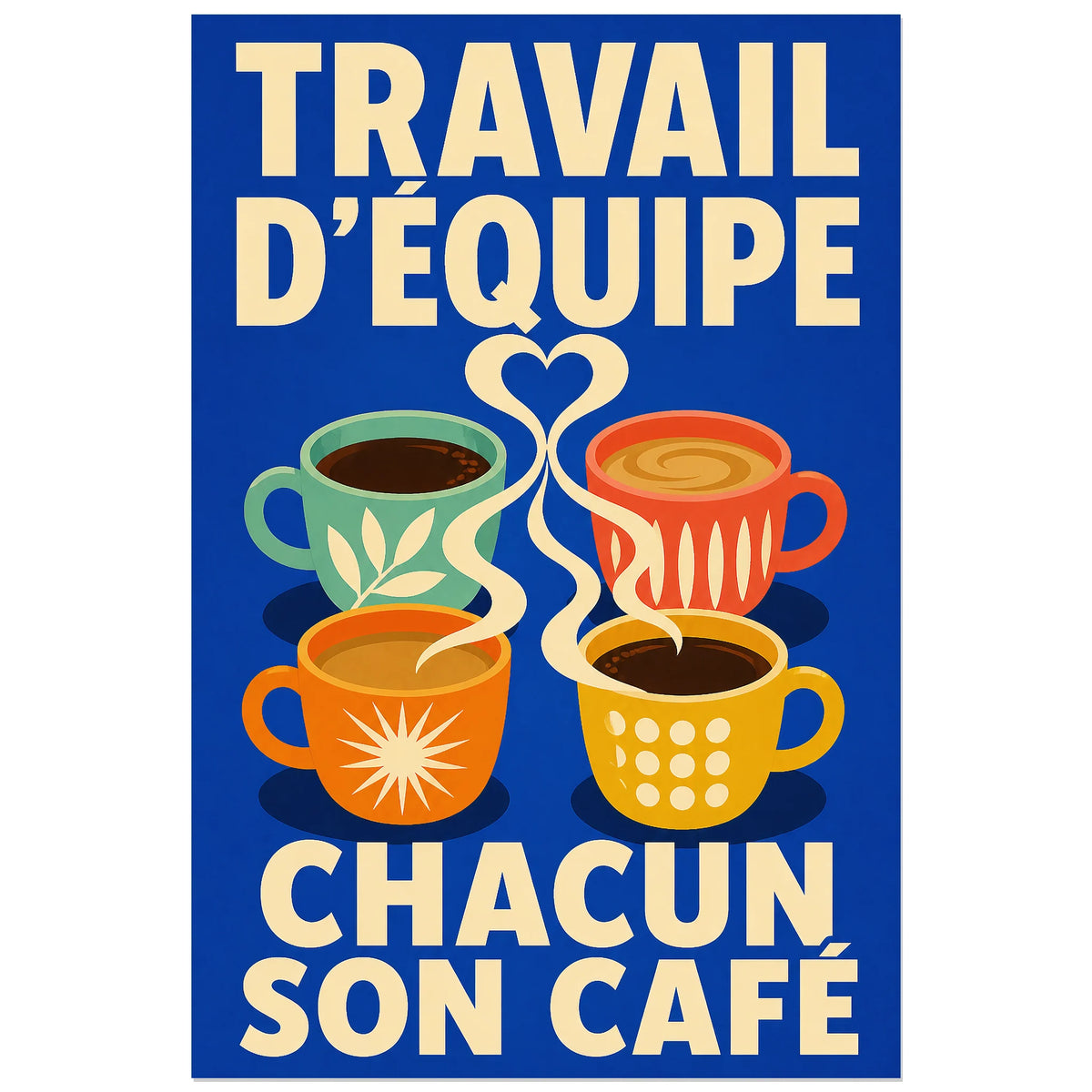 Affiche Travail d'équipe – Chacun son café, affiche typographique pop à tasses graphiques verticale, format 60 × 90 cm