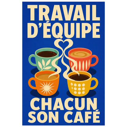 Affiche Travail d'équipe – Chacun son café, affiche typographique pop à tasses graphiques verticale, format 60 × 90 cm