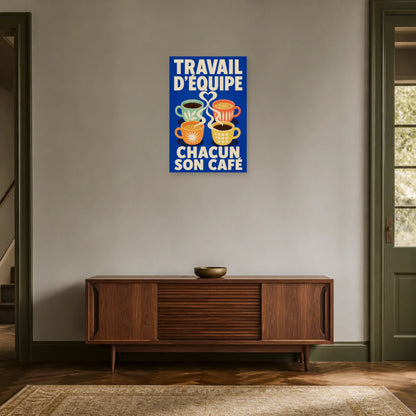 Affiche Travail d’équipe – Chacun son café dans une entrée ou un couloir - Art Virtuoso