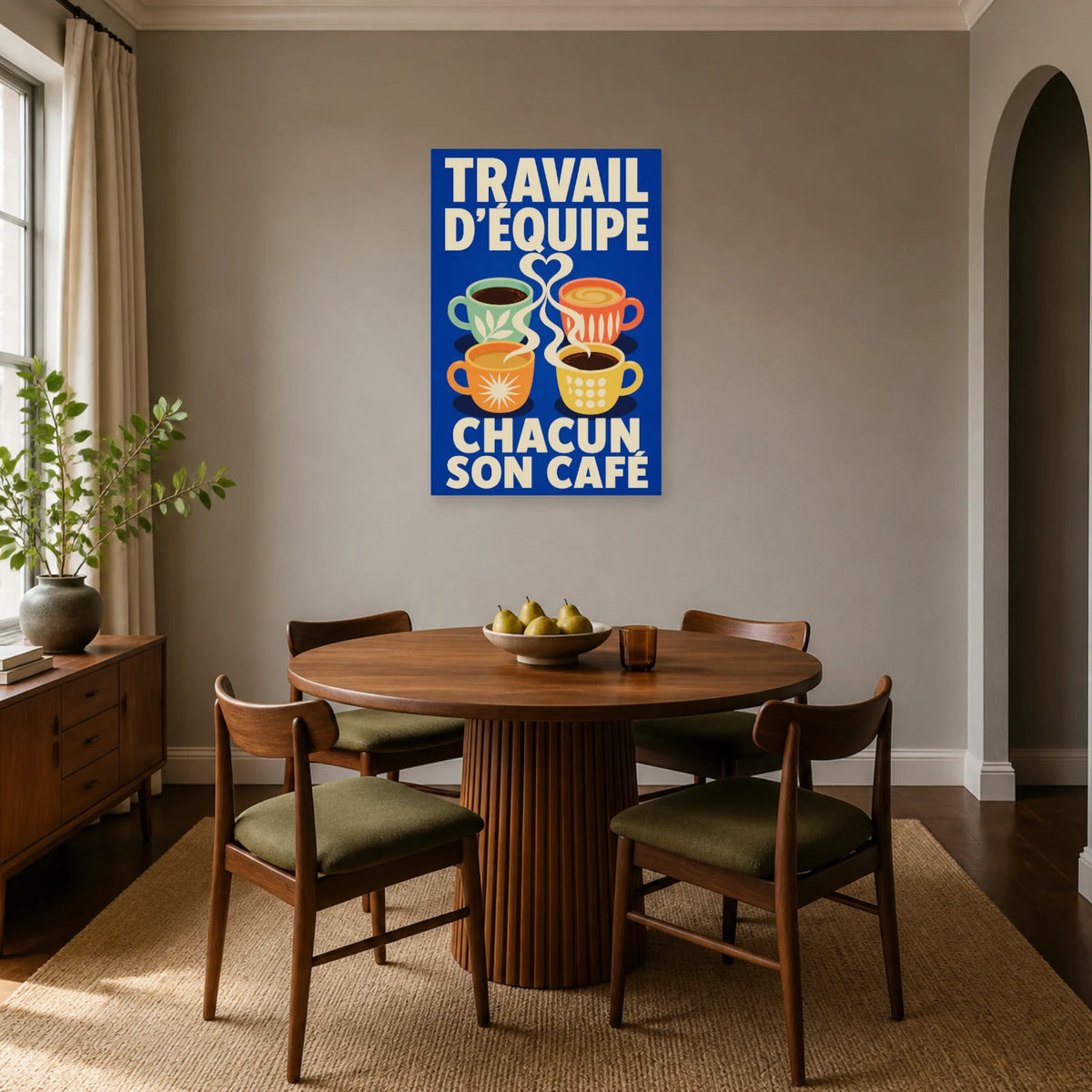 Affiche Travail d’équipe – Chacun son café dans une salle à manger - Art Virtuoso