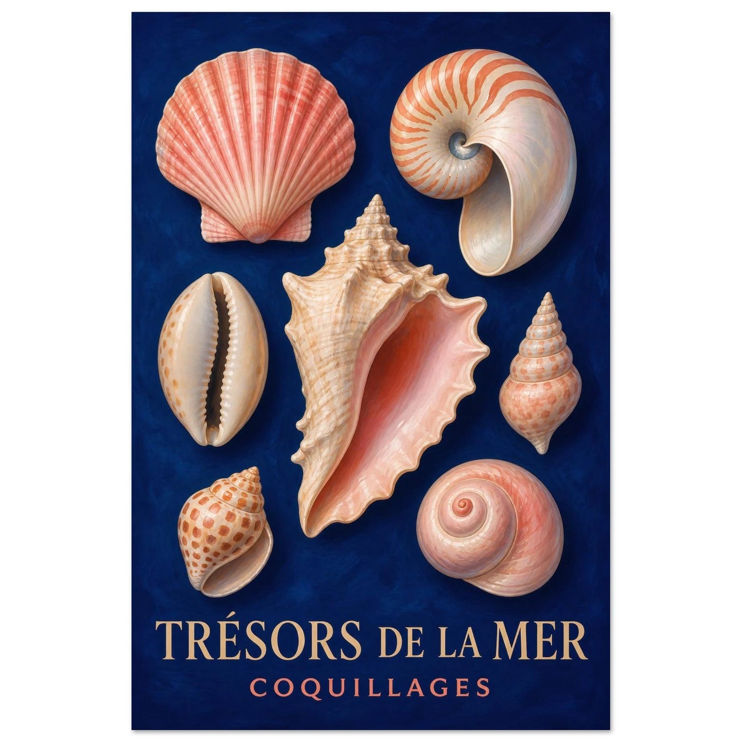 Affiche Trésors de la Mer – Coquillages, illustration éditoriale verticale, format 30 × 45 cm