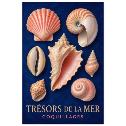 Affiche Trésors de la Mer – Coquillages, illustration éditoriale verticale, format 30 × 45 cm