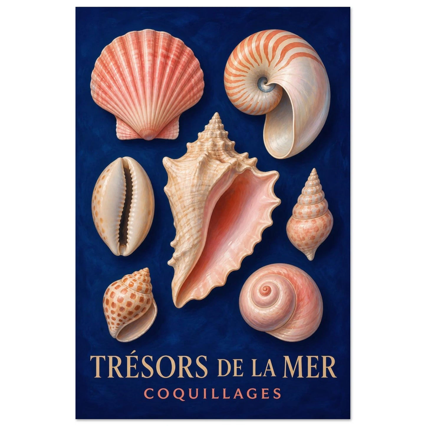 Affiche Trésors de la Mer – Coquillages, illustration éditoriale verticale, format 40 × 60 cm