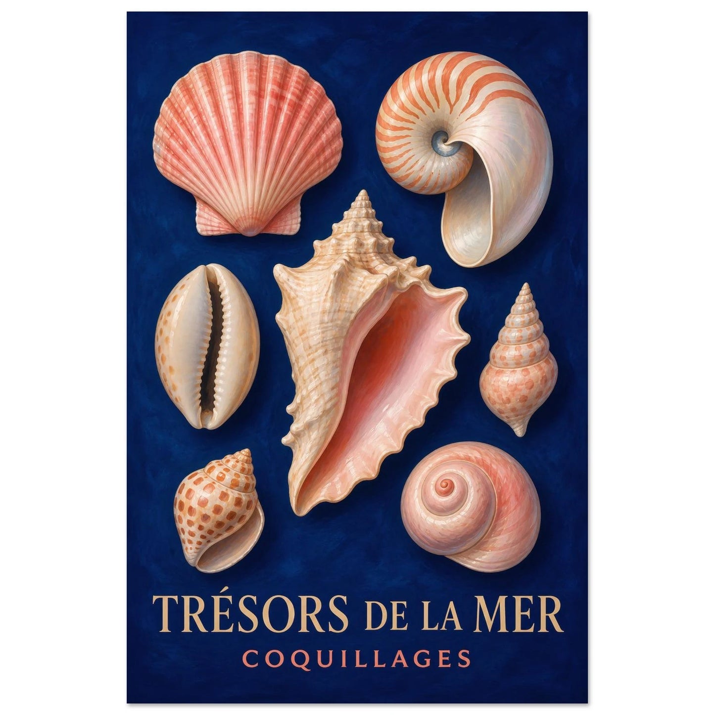 Affiche Trésors de la Mer – Coquillages, illustration éditoriale verticale, format 60 × 90 cm