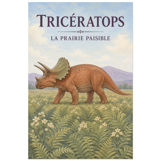 Affiche Tricératops – La prairie paisible, illustration naturaliste / gouache pastel verticale, format 30 × 45 cm
