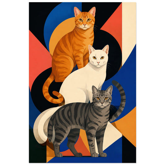 Affiche Trois chats – Composition moderne, illustration graphique / modernisme coloré verticale, format 30 × 45 cm