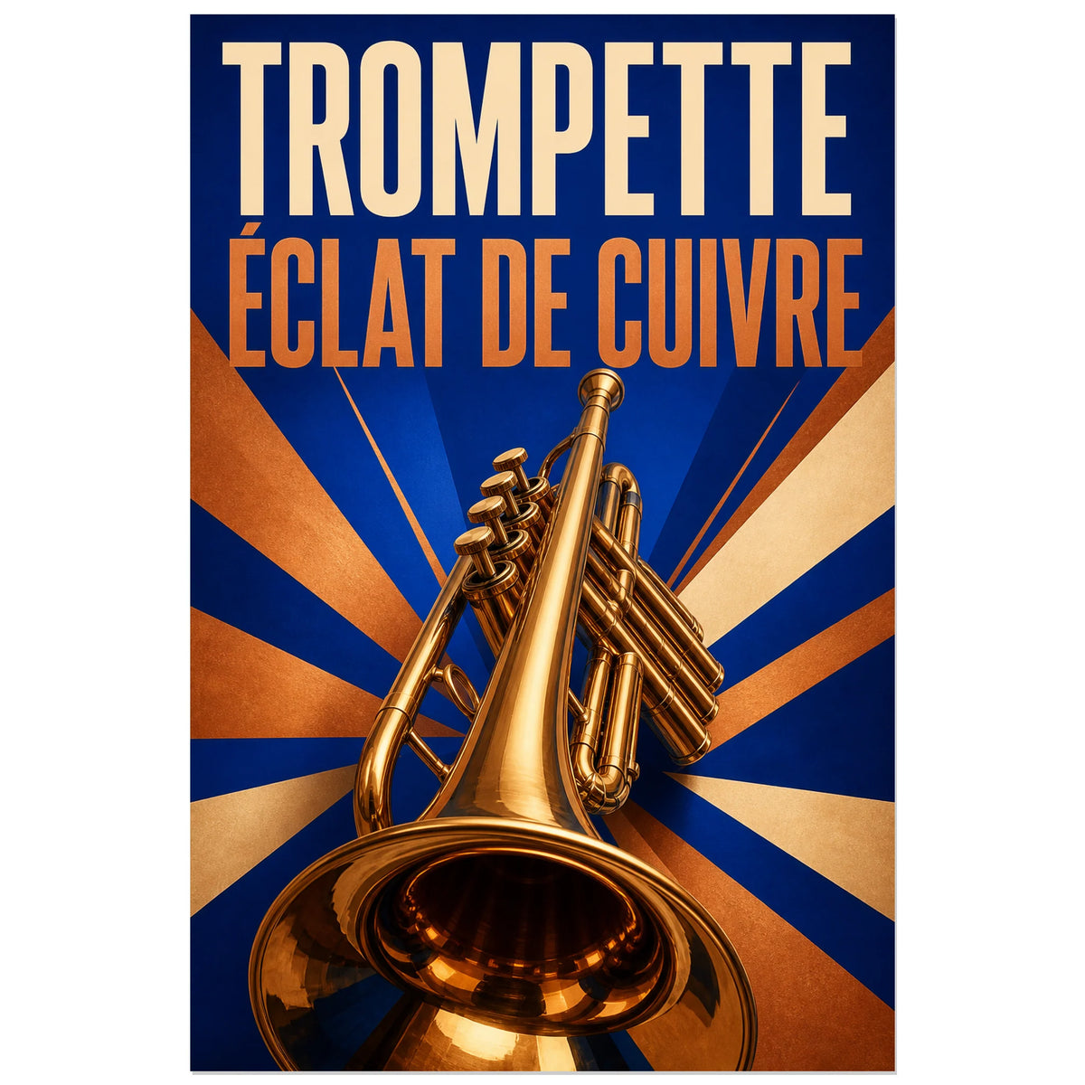 Affiche Trompette – Éclat de cuivre, affiche art déco aux rayons géométriques verticale, format 60 × 90 cm