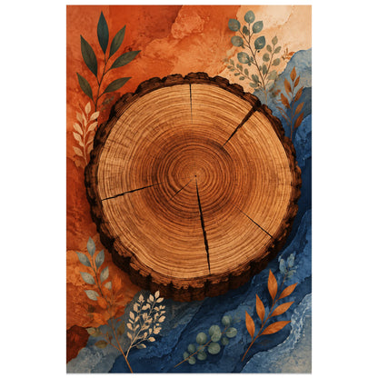 Affiche Tronc coupé – Mémoire de la terre, illustration contemporaine / abstraction organique verticale, format 40 × 60 cm