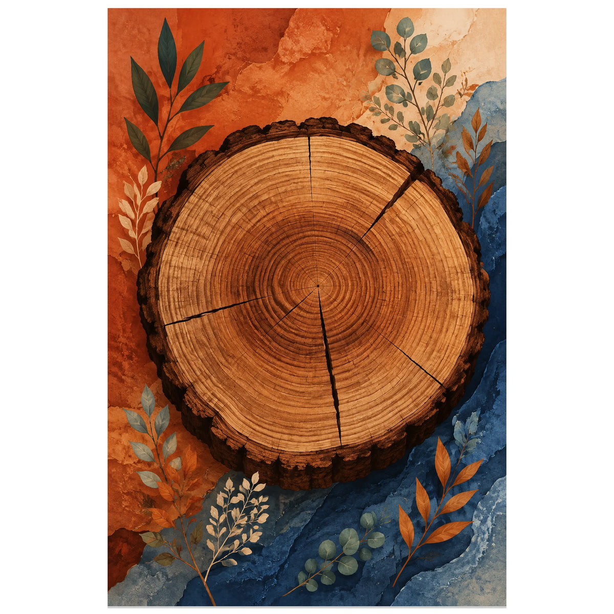 Affiche Tronc coupé – Mémoire de la terre, illustration contemporaine / abstraction organique verticale, format 60 × 90 cm