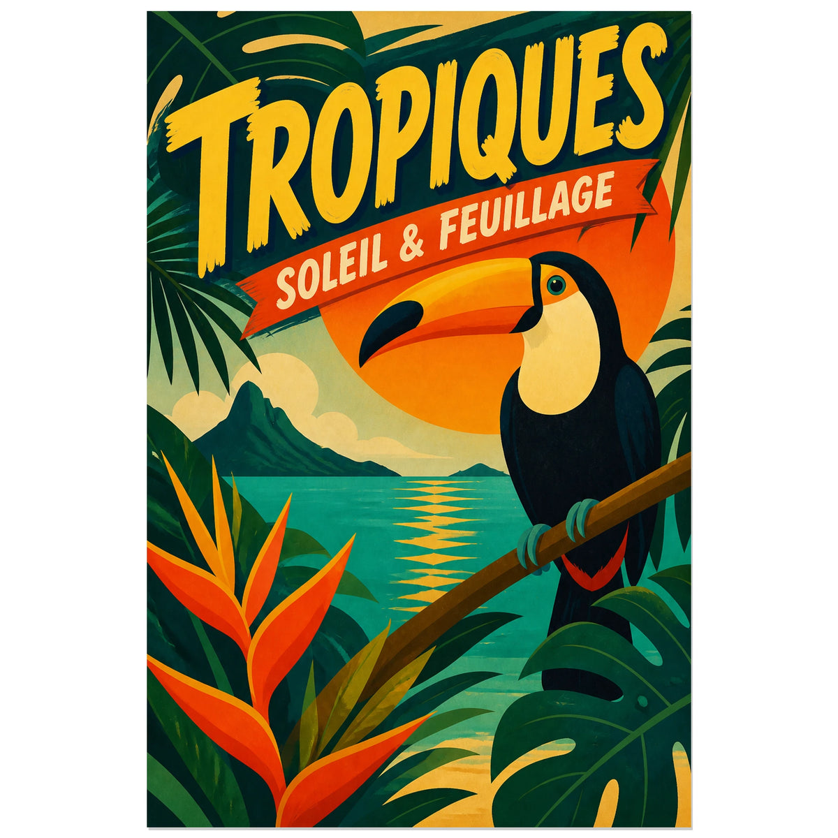 Affiche Tropiques – Soleil & Feuillage, affiche tropicale des années 1950 au lettrage publicitaire peint verticale, format 30 × 45 cm
