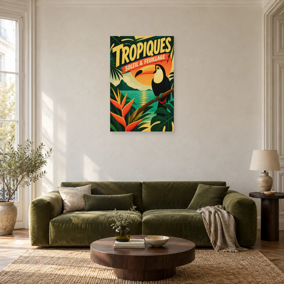 Affiche Tropiques – Soleil & Feuillage dans un salon - Art Virtuoso