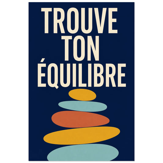 Affiche Trouve ton équilibre – Pierres modernes, minimalisme typographique géométrique verticale, format 30 × 45 cm