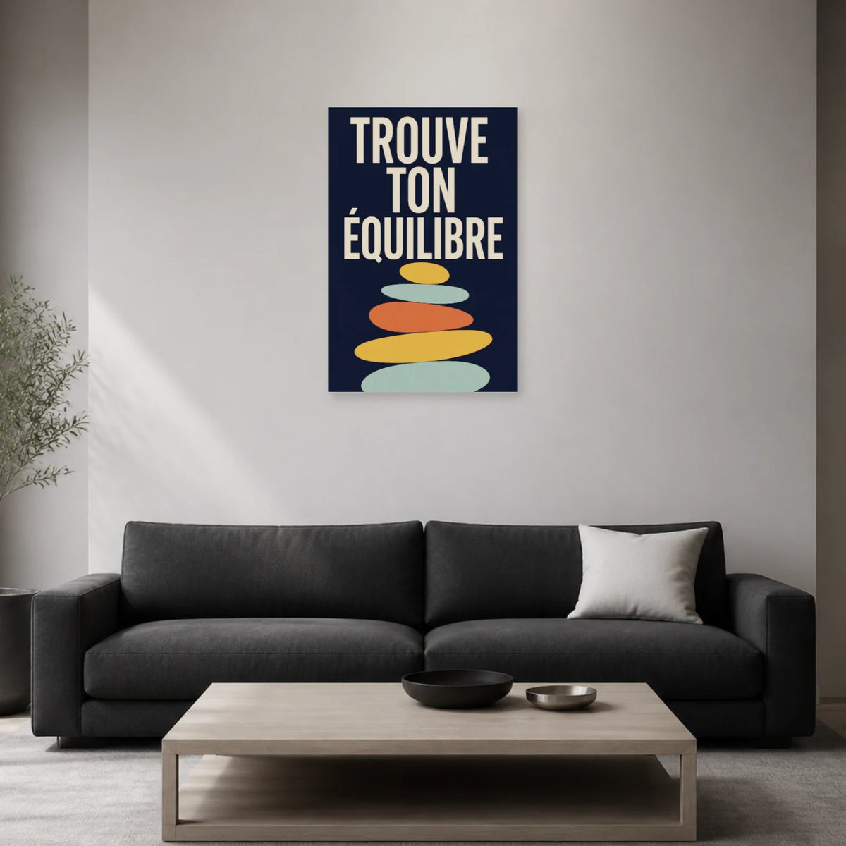 Affiche Trouve ton équilibre – Pierres modernes dans un salon - Art Virtuoso