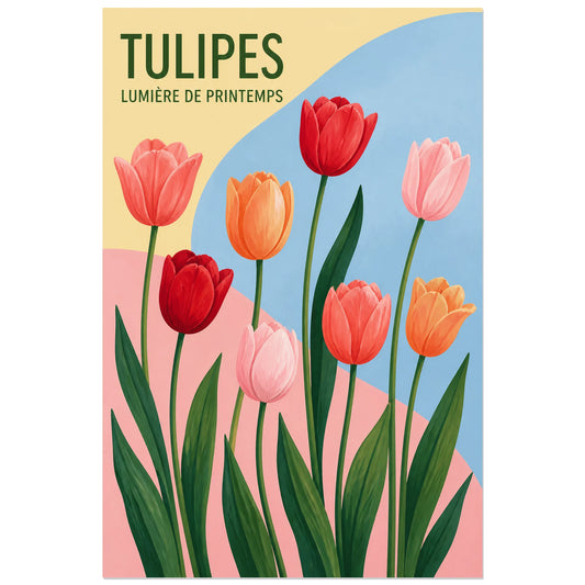 Affiche Tulipes – Lumière de Printemps, gouache et aplats graphiques verticale, format 30 × 45 cm