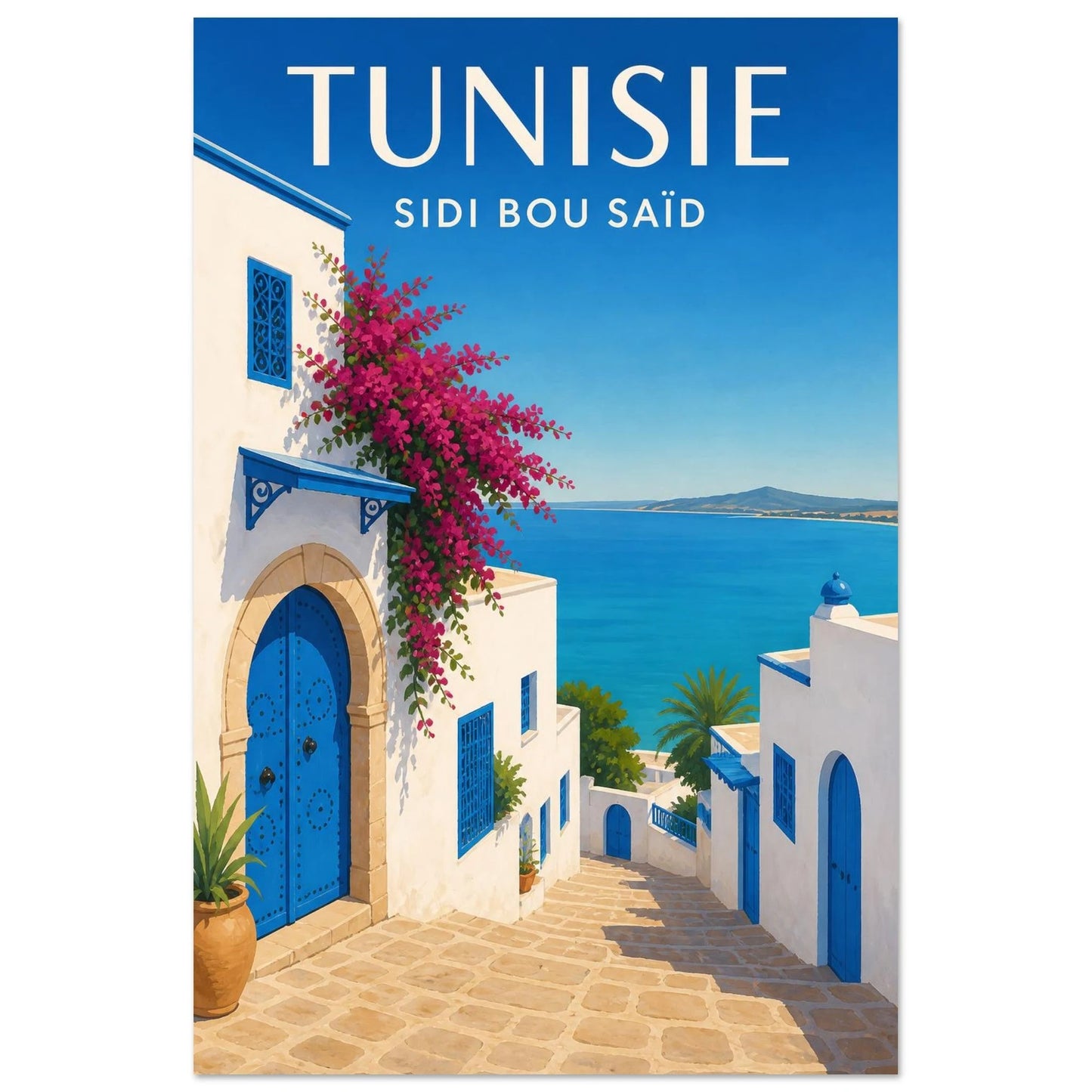 Affiche Tunisie – Sidi Bou Saïd, gouache contemporaine nette et lumineuse verticale, format 30 × 45 cm