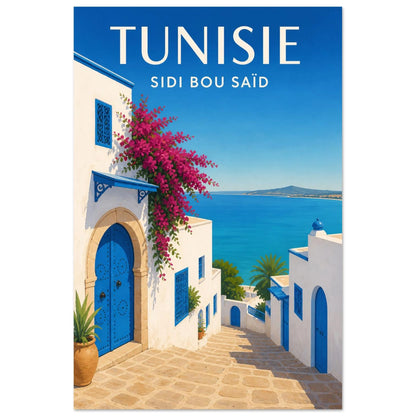 Affiche Tunisie – Sidi Bou Saïd, gouache contemporaine nette et lumineuse verticale, format 40 × 60 cm