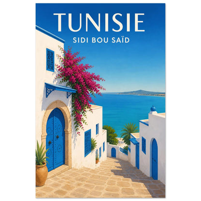 Affiche Tunisie – Sidi Bou Saïd, gouache contemporaine nette et lumineuse verticale, format 60 × 90 cm