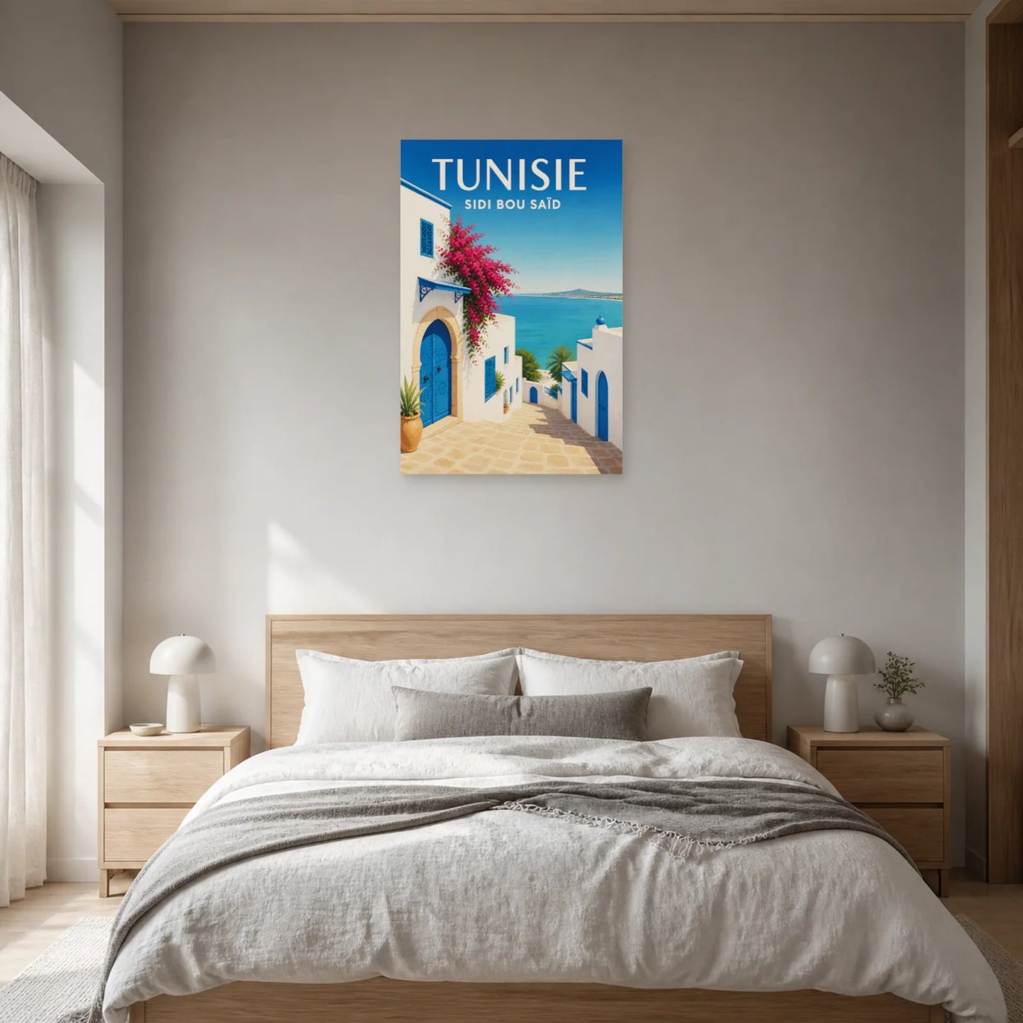 Affiche Tunisie – Sidi Bou Saïd dans une chambre - Art Virtuoso
