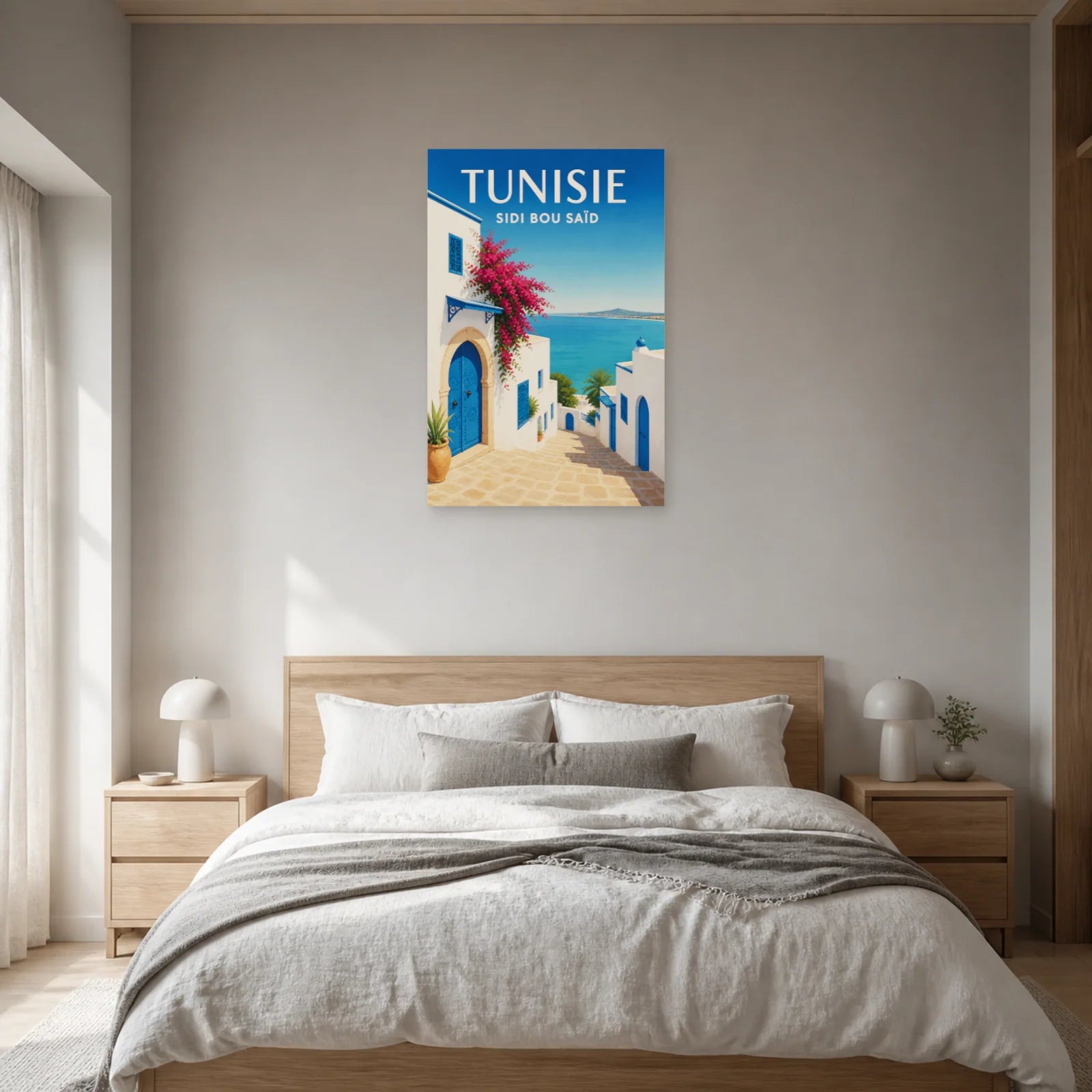 Affiche Tunisie – Sidi Bou Saïd dans une chambre - Art Virtuoso