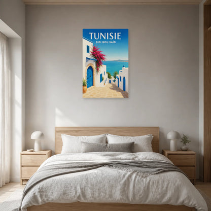 Affiche Tunisie – Sidi Bou Saïd dans une chambre - Art Virtuoso
