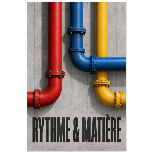 Tuyaux rouge, bleu et jaune sur béton, affiche 30 × 45 cm