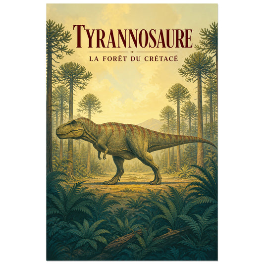 Affiche Tyrannosaure – La forêt du Crétacé, illustration naturaliste / gouache / affiche vintage verticale, format 30 × 45 cm