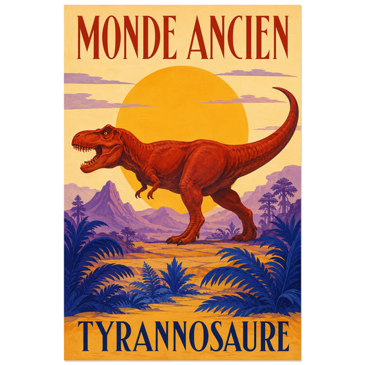 Affiche Tyrannosaure – Soleil du monde ancien, affiche rétro / gouache graphique / lettrage art déco verticale, format 30 × 45 cm