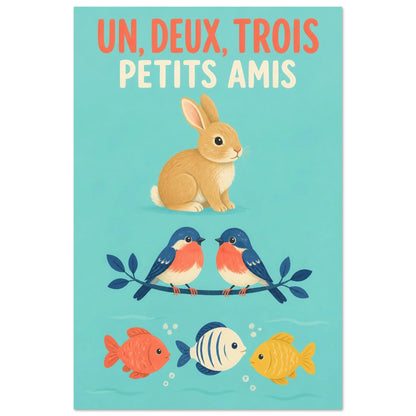 Affiche Un, Deux, Trois – Petits Amis, gouache contemporaine verticale, format 30 × 45 cm