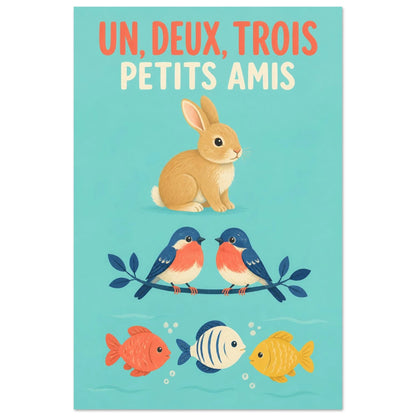 Affiche Un, Deux, Trois – Petits Amis, gouache contemporaine verticale, format 60 × 90 cm