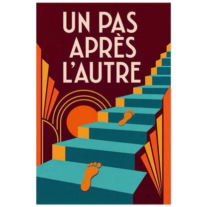 Affiche Un pas après l'autre – Escalier turquoise, graphisme géométrique à accents art déco verticale, format 30 × 45 cm