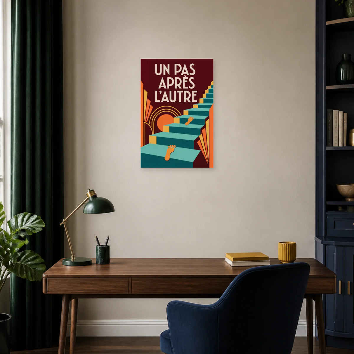 Affiche Un pas après l'autre – Escalier turquoise dans un bureau - Art Virtuoso