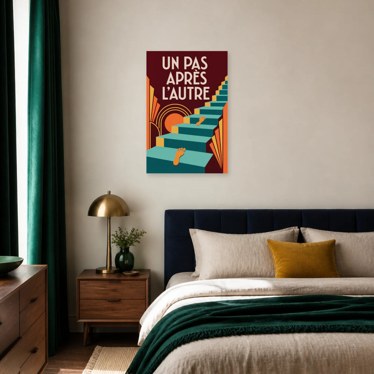 Affiche Un pas après l'autre – Escalier turquoise dans une chambre - Art Virtuoso