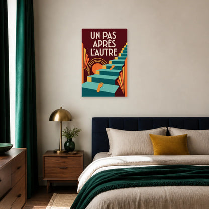 Affiche Un pas après l'autre – Escalier turquoise dans une chambre - Art Virtuoso