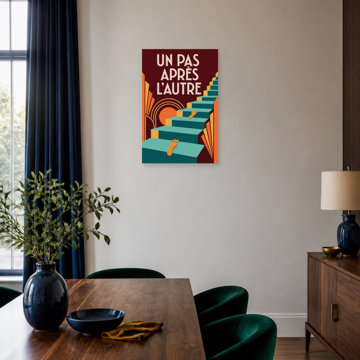 Affiche Un pas après l'autre – Escalier turquoise dans une salle à manger - Art Virtuoso