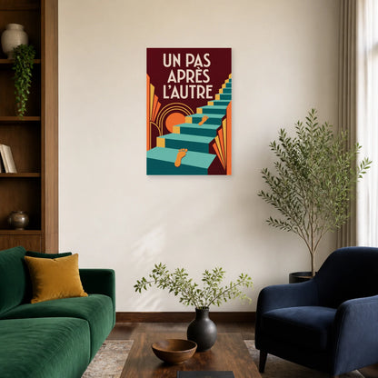 Affiche Un pas après l'autre – Escalier turquoise dans un salon - Art Virtuoso