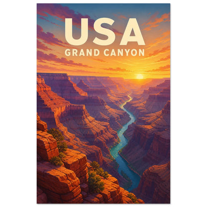 Affiche USA – Grand Canyon, affiche de voyage graphique aux volumes sculptés et aux contrastes de coucher de soleil verticale, format 30 × 45 cm