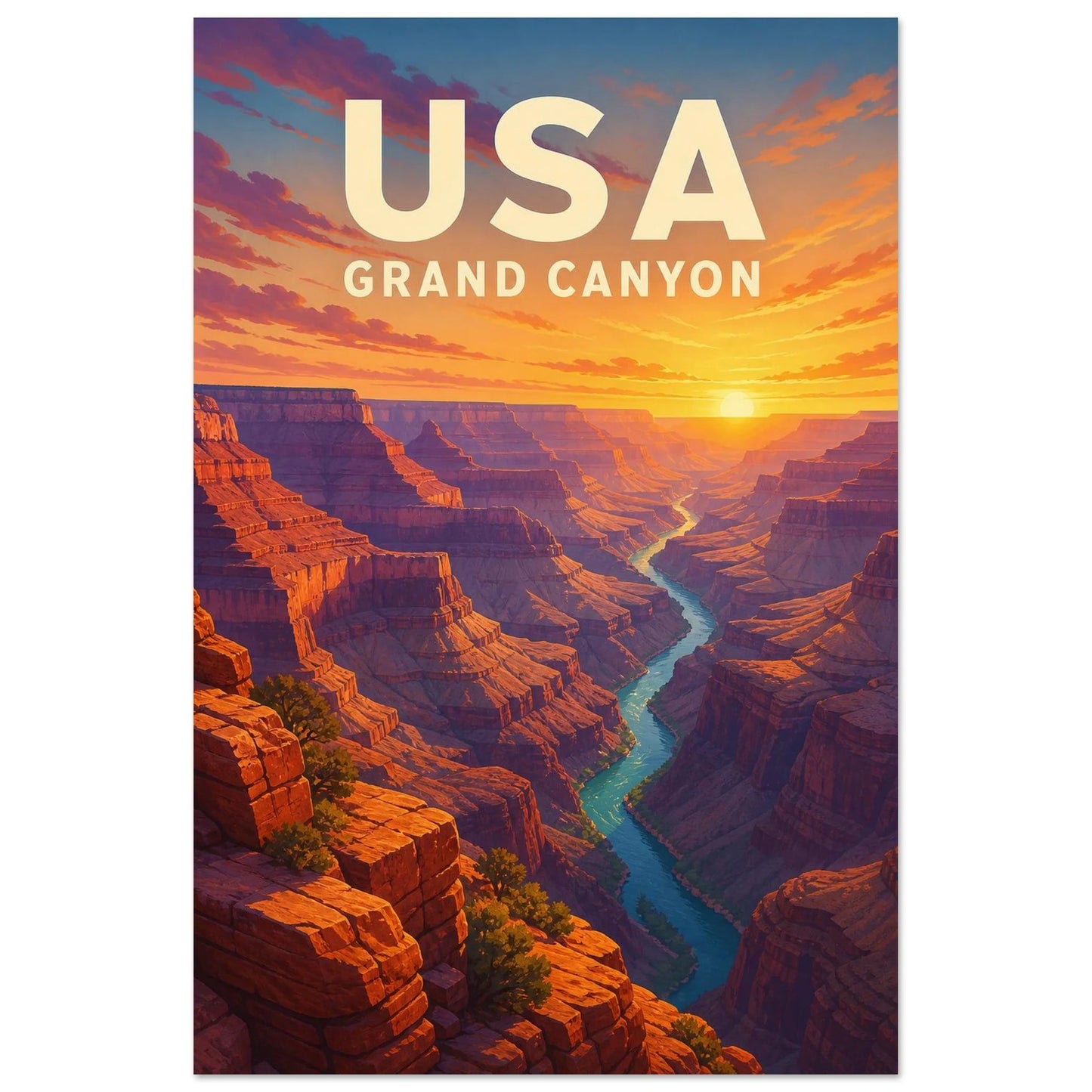 Affiche USA – Grand Canyon, affiche de voyage graphique aux volumes sculptés et aux contrastes de coucher de soleil verticale, format 40 × 60 cm