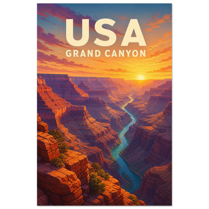 Affiche USA – Grand Canyon, affiche de voyage graphique aux volumes sculptés et aux contrastes de coucher de soleil verticale, format 40 × 60 cm