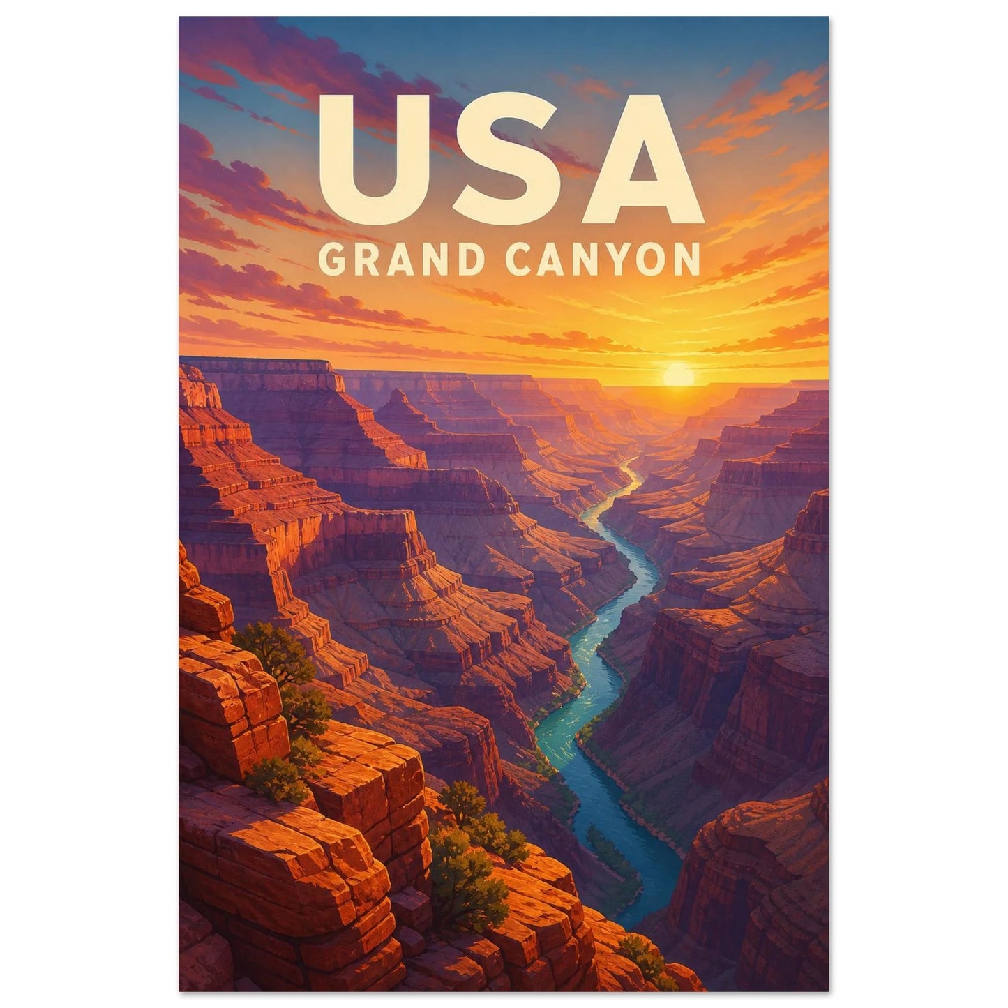 Affiche USA – Grand Canyon, affiche de voyage graphique aux volumes sculptés et aux contrastes de coucher de soleil verticale, format 60 × 90 cm